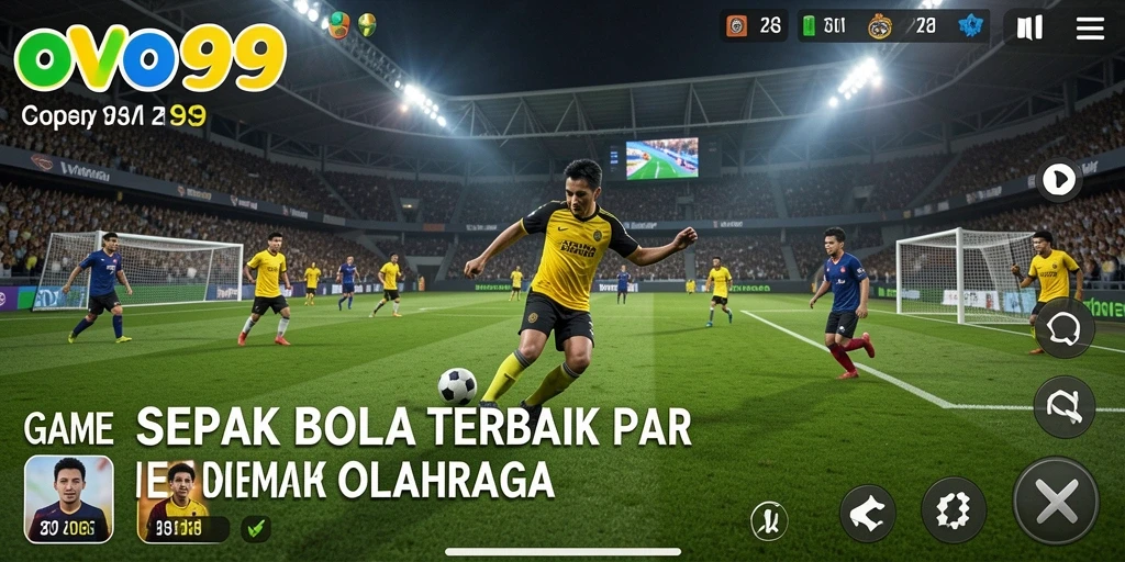 Screenshot gameplay OVO99 menampilkan aksi sepak bola mendebarkan.