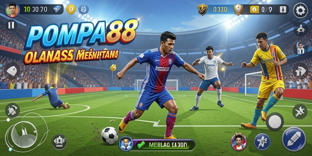 Screenshot utama POMPA88 menunjukkan aksi seru di lapangan olahraga.