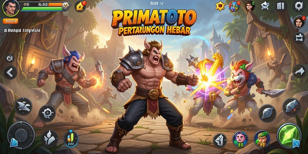 Screenshot gameplay PRIMATOTO menampilkan pertarungan epik antara karakter-karakter unik.